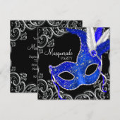 Royal Blue & Black Masquerade Party Kaart (Voorkant / Achterkant)