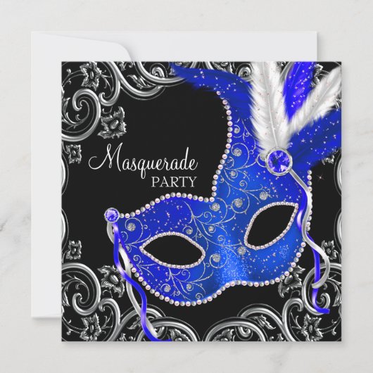 Royal Blue & Black Masquerade Party Kaart (Voorkant)