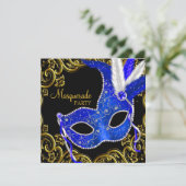 Royal Blue & Black Masquerade Party Kaart (Staand voorkant)