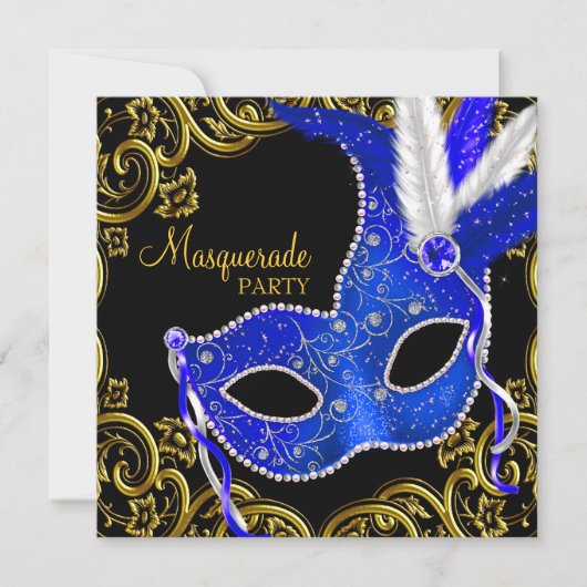 Royal Blue & Black Masquerade Party Kaart (Voorkant)