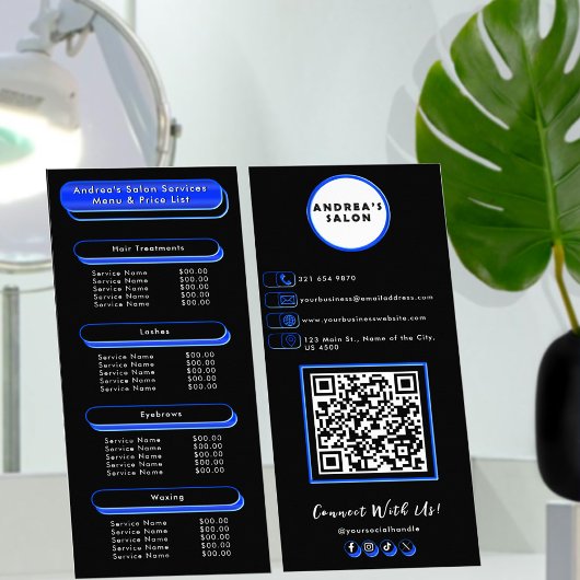 Royal Blue & Black Salon Diensten Menu Voeg Logo t