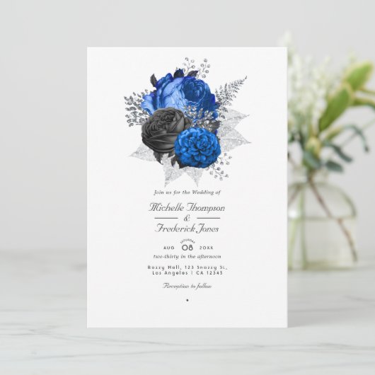 Royal Blue, Black & Silver Floral QR Code Weddensc Kaart (Staand voorkant)
