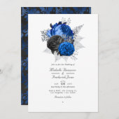 Royal Blue, Black & Silver Floral QR Code Weddensc Kaart (Voorkant / Achterkant)