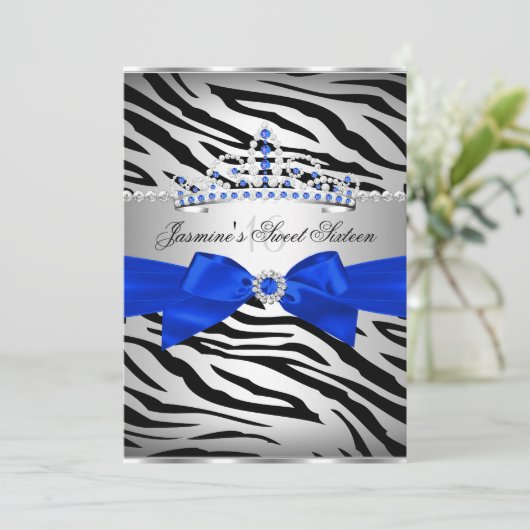 Royal Blue & Black Zebra Sweet 16 Birthday Party Kaart (Staand voorkant)