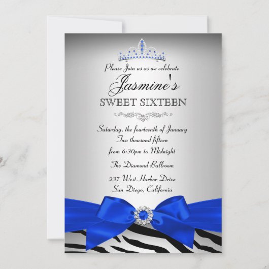 Royal Blue & Black Zebra Sweet 16 Birthday Party Kaart (Achterkant)