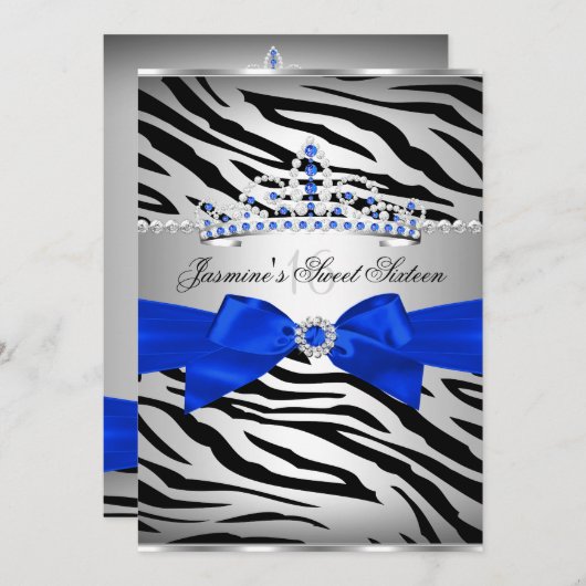 Royal Blue & Black Zebra Sweet 16 Birthday Party Kaart (Voorkant / Achterkant)