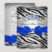 Royal Blue & Black Zebra Sweet 16 Birthday Party Kaart (Voorkant / Achterkant)