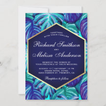 Royal Blue Blauwgroen Gold Foil Tropical Leaves We