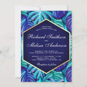 Royal Blue Blauwgroen Gold Foil Tropical Leaves We Kaart