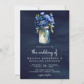 Royal Blue Bloem Mason Jar QR Code Marine Huwelijk Kaart (Voorkant)