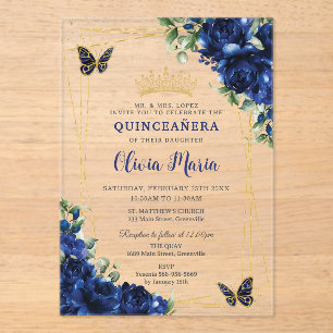 Royal Blue Bloemen Bloemen Bloemen Quinceañera Vli Acryl Uitnodigingen