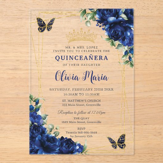 Royal Blue Bloemen Bloemen Bloemen Quinceañera Vli Acryl Uitnodigingen (Voorkant)