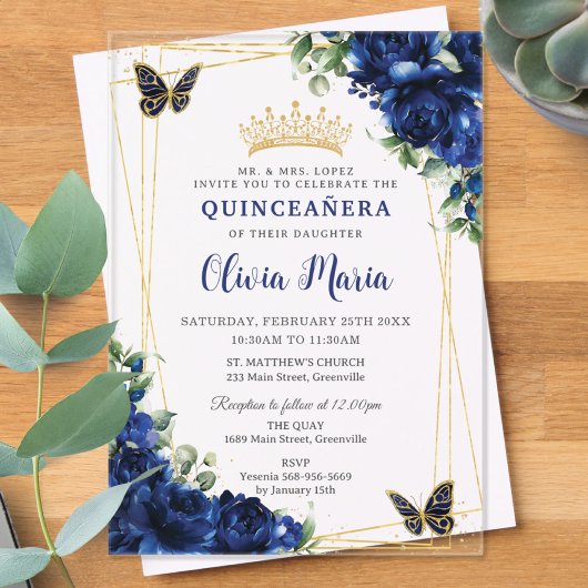 Royal Blue Bloemen Bloemen Bloemen Quinceañera Vli Acryl Uitnodigingen