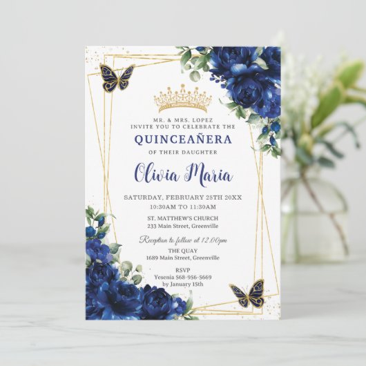 Royal Blue Bloemen Bloemen Bloemen Quinceañera Vli Kaart (Staand voorkant)