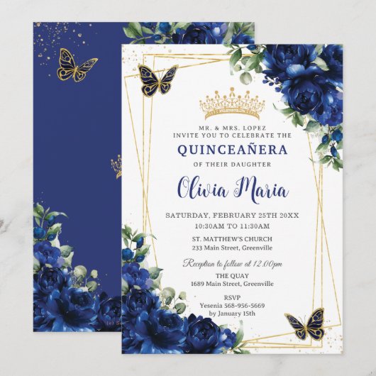 Royal Blue Bloemen Bloemen Bloemen Quinceañera Vli Kaart (Voorkant / Achterkant)
