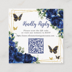 Royal Blue Bloemen Goud Quinceañera 16 QR Code RSV Informatiekaartje