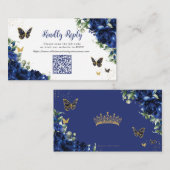 Royal Blue Bloemen Goud Quinceañera 16 QR Code RSV Informatiekaartje (Voorkant / Achterkant)