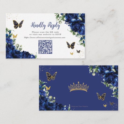 Royal Blue Bloemen Goud Quinceañera 16 QR Code RSV Informatiekaartje (Voorkant / Achterkant)
