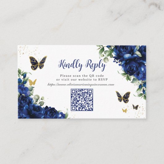 Royal Blue Bloemen Goud Quinceañera 16 QR Code RSV Informatiekaartje (Voorkant)