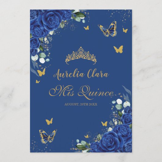 Royal Blue Bloemen  Goud Quinceanera Menu (Achterkant)