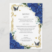Royal Blue Bloemen  Goud Quinceanera Menu (Voorkant)