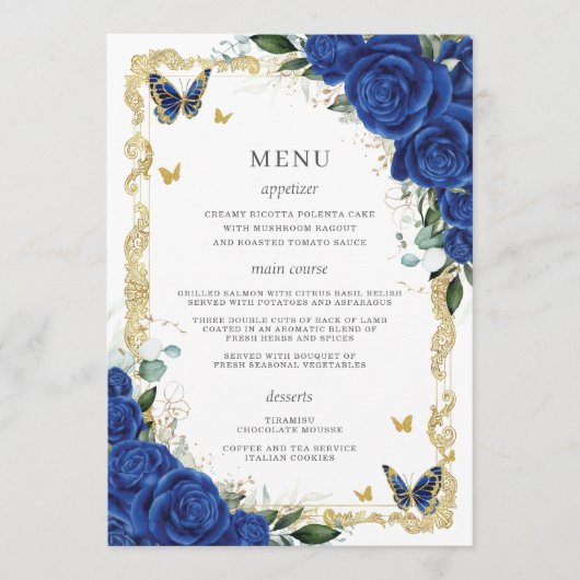 Royal Blue Bloemen  Goud Quinceanera Menu