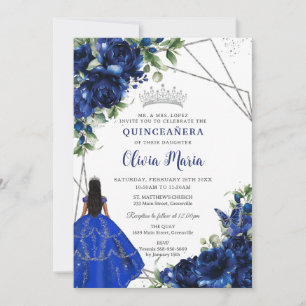 Royal Blue Bloemen Prinses Zilver Quinceañera Kaart