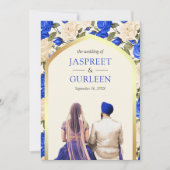 Royal Blue Bloemen Punjabi Anand Karaj Sikh Bruilo Kaart (Voorkant)