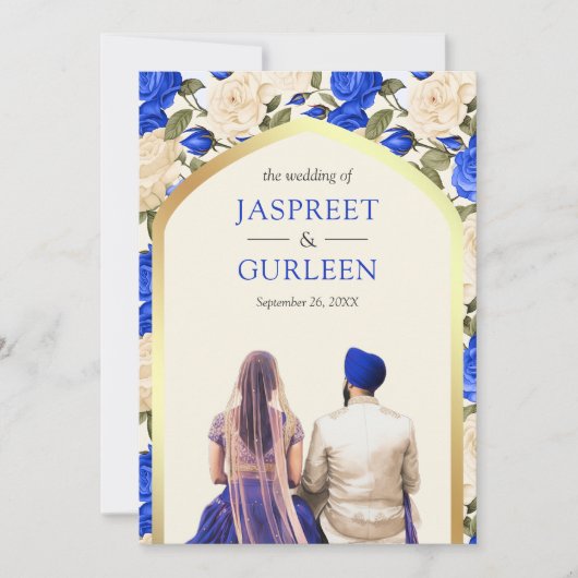 Royal Blue Bloemen Punjabi Anand Karaj Sikh Bruilo Kaart (Voorkant)