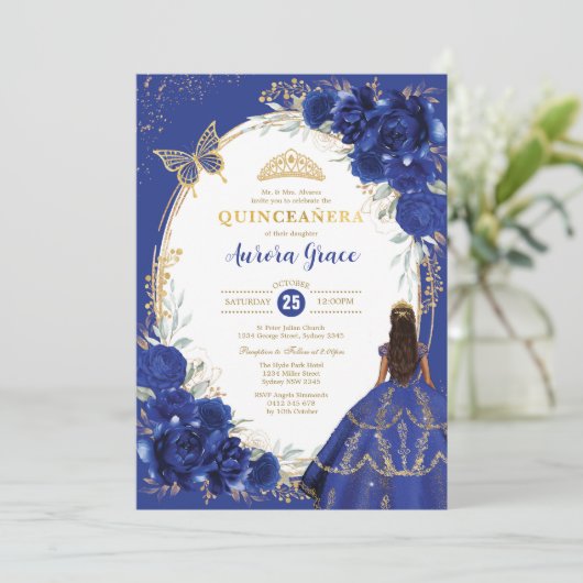 Royal Blue Bloemen Quinceañera Vlinder Mis Quince Kaart (Staand voorkant)