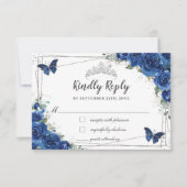 Royal Blue Bloemen Rozen Quinceañera Vlinders RSVP Kaartje (Voorkant)