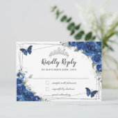 Royal Blue Bloemen Rozen Quinceañera Vlinders RSVP Kaartje (Staand voorkant)