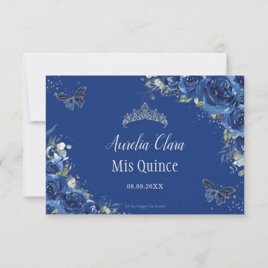 Royal Blue Bloemen Rozen Quinceañera Vlinders RSVP Kaartje (Achterkant)