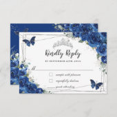 Royal Blue Bloemen Rozen Quinceañera Vlinders RSVP Kaartje (Voorkant / Achterkant)