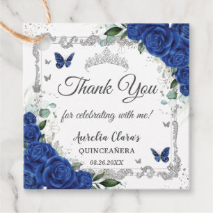 Royal Blue Bloemen Vlinders Zilver Quinceañera Bedankjes Labels