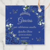 Royal Blue Bloemen Vlinders Zilver Quinceañera Bedankjes Labels (Achterkant)