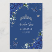 Royal Blue Bloemen  Zilver Quinceanera Menu (Achterkant)
