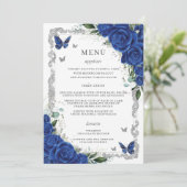 Royal Blue Bloemen  Zilver Quinceanera Menu (Staand voorkant)