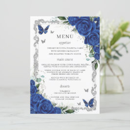 Royal Blue Bloemen Zilver Quinceanera Menu