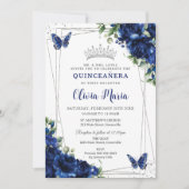 Royal Blue Bloemen Zilver Quinceañera Vlinders Kaart (Voorkant)