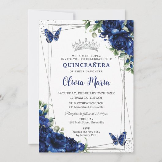 Royal Blue Bloemen Zilver Quinceañera Vlinders Kaart (Voorkant)