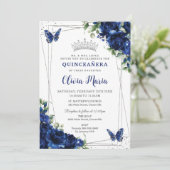Royal Blue Bloemen Zilver Quinceañera Vlinders Kaart (Staand voorkant)
