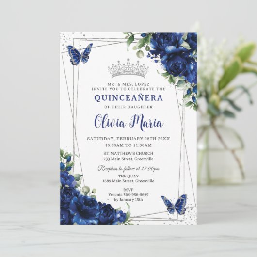 Royal Blue Bloemen Zilver Quinceañera Vlinders Kaart (Staand voorkant)