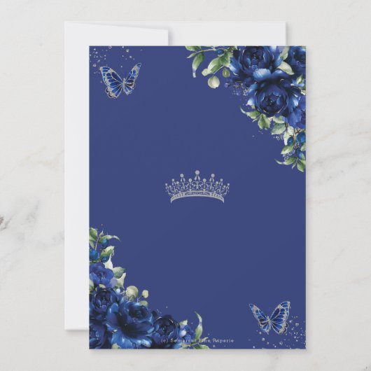 Royal Blue Bloemen Zilver Quinceañera Vlinders Kaart (Achterkant)