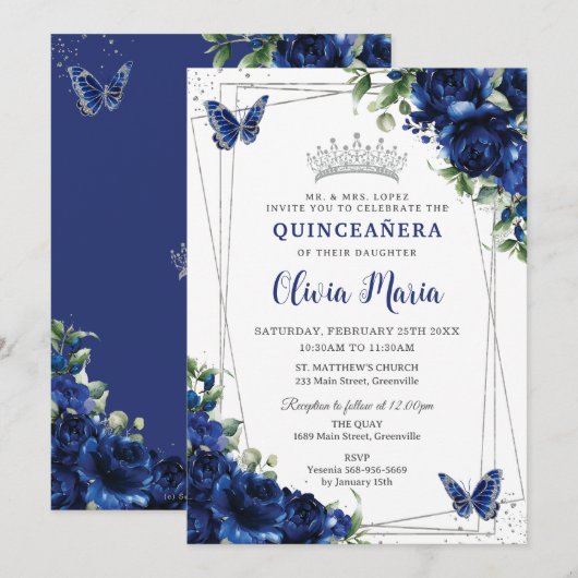 Royal Blue Bloemen Zilver Quinceañera Vlinders Kaart (Voorkant / Achterkant)