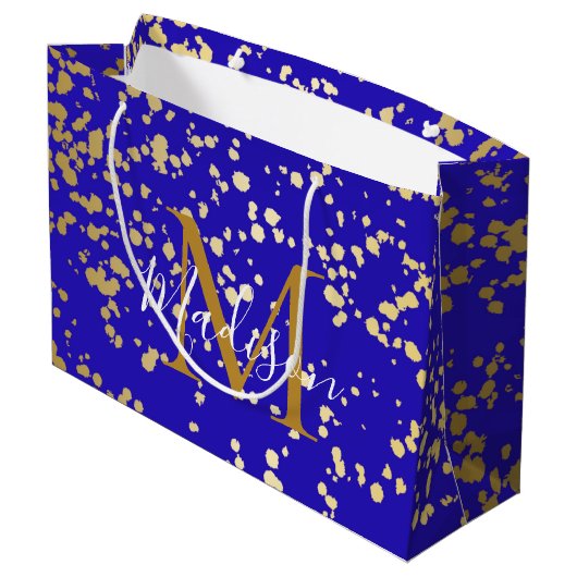 Royal Blue Blond Gold Glitter Personalize Gift Bag Groot Cadeauzakje (Achterkant Gekanteld)