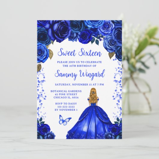 Royal Blue Blonde Hair Princess Sweet Sixteen Kaart (Staand voorkant)