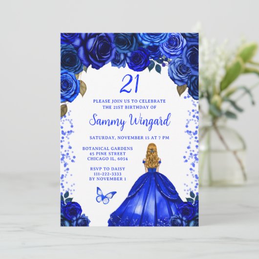 Royal Blue Blonde Hair Princess Verjaardagsfeest Kaart (Staand voorkant)