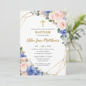 Royal Blue Blush Floral Gold Baptism Christening Kaart (Staand voorkant)