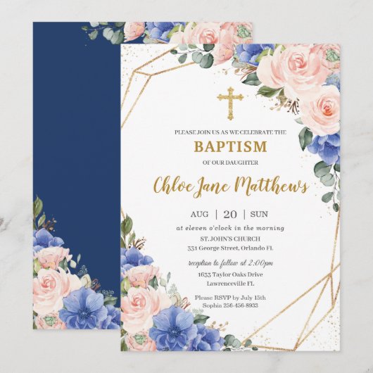 Royal Blue Blush Floral Gold Baptism Christening Kaart (Voorkant / Achterkant)